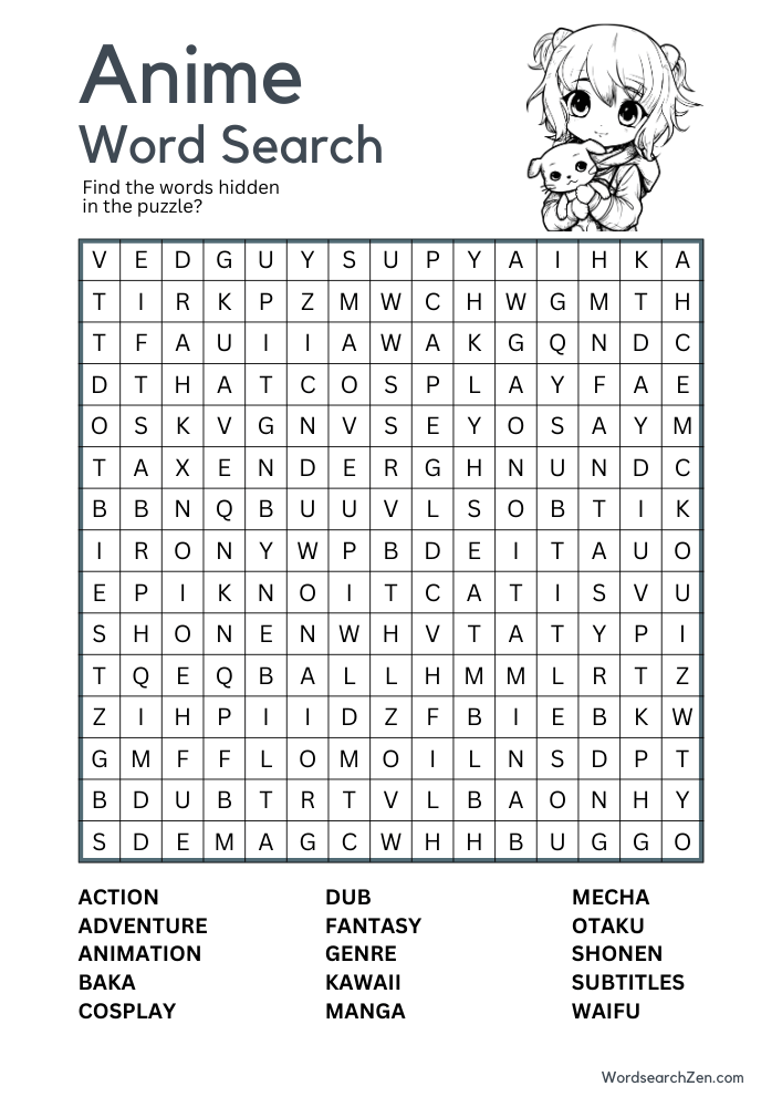 Anime Word Search Free Printable PDF File WordsearchZen