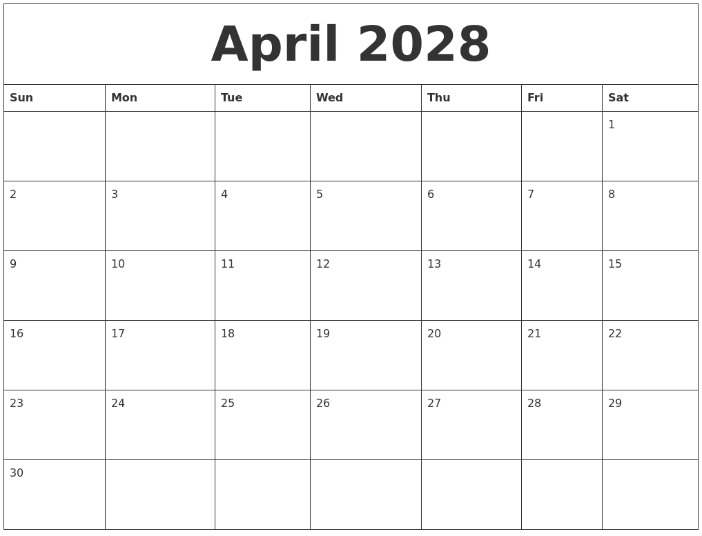 April 2028 Calendar For Printing April 2028 Calendar For Printing