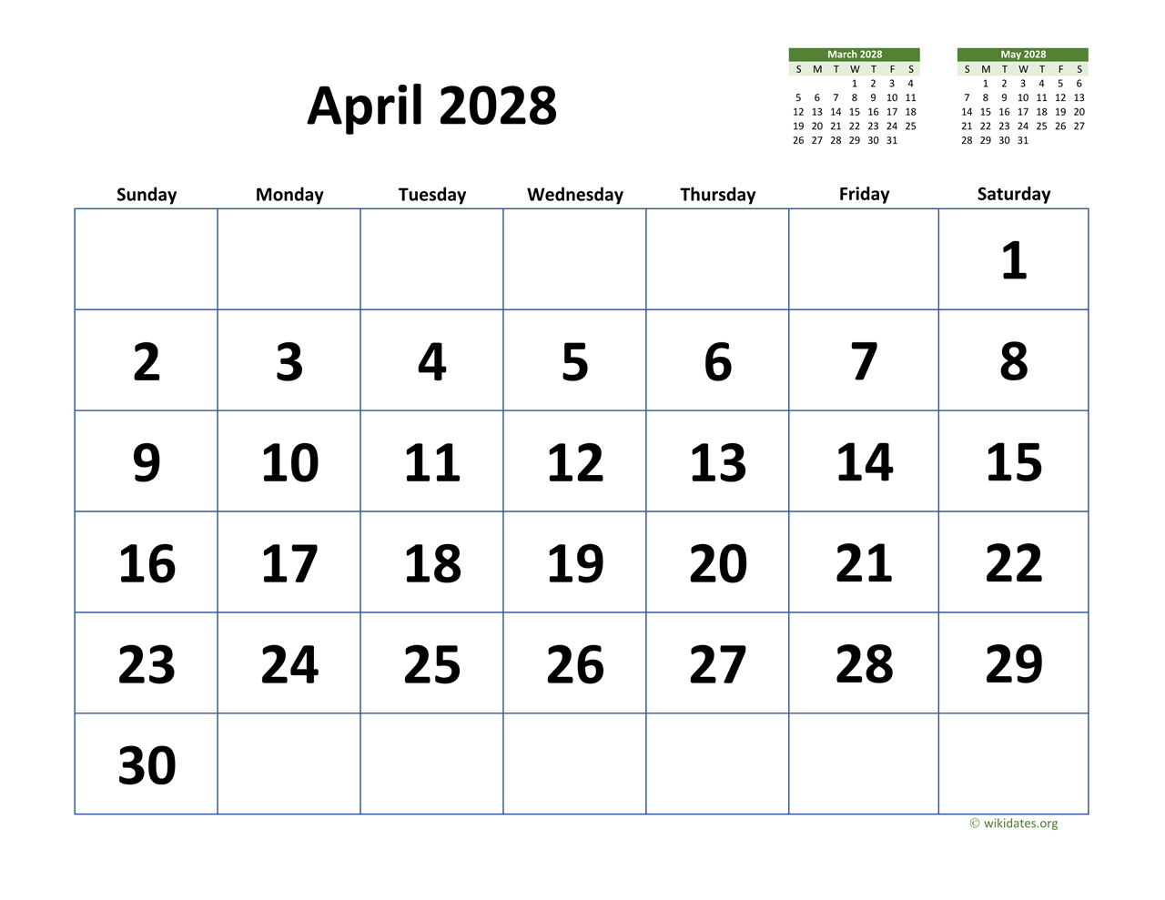 April 2028 Calendar With Extra large Dates WikiDates