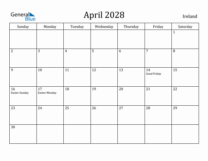 April 2028 Monthly Calendar With Ireland Holidays April 2028 Monthly Calendar With Ireland Holidays