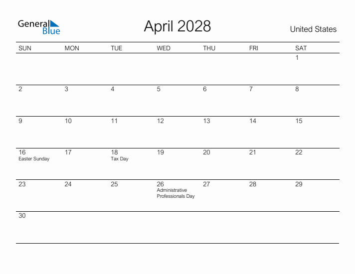 April 2028 Monthly Calendar With United States Holidays