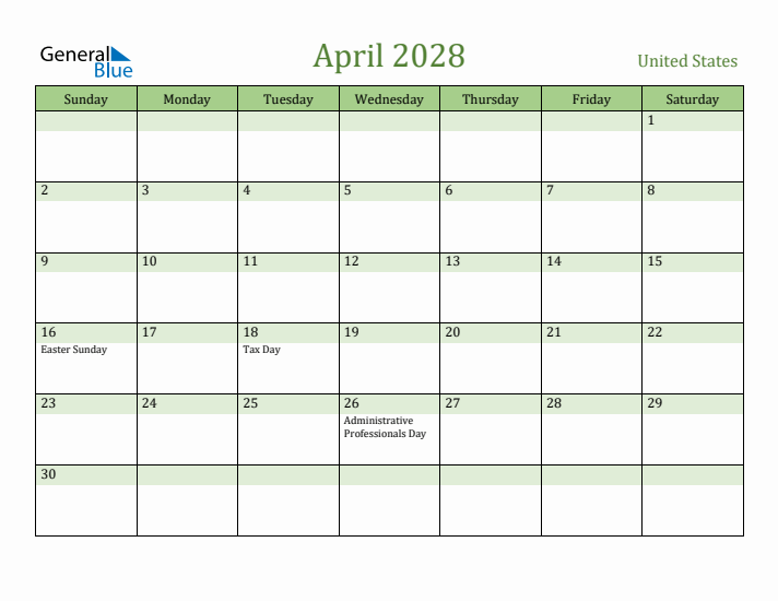 April 2028 Monthly Calendar With United States Holidays
