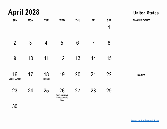 April 2028 Monthly Calendars With United States Holidays