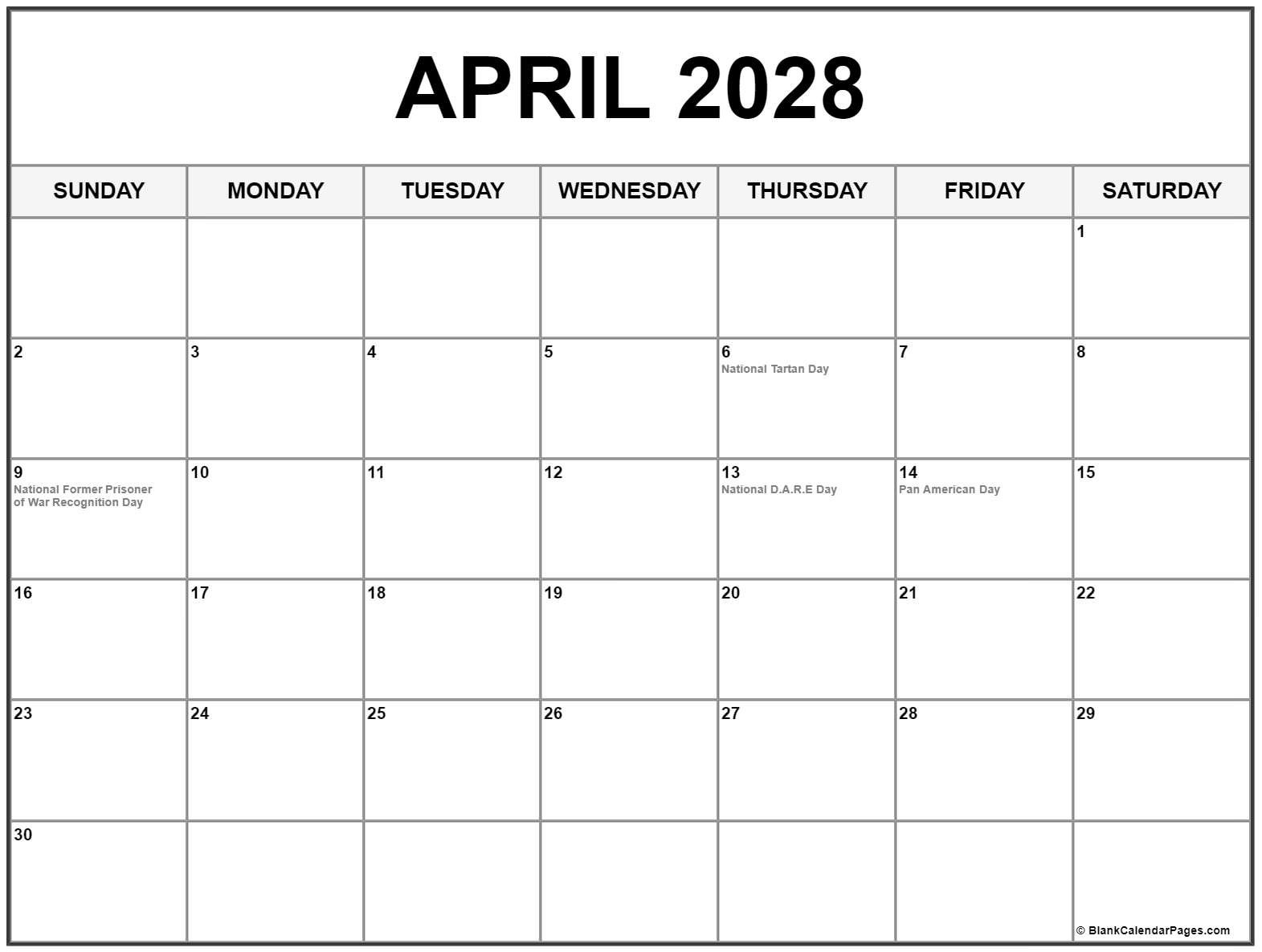 April 2028 With Holidays Calendar April 2028 With Holidays Calendar