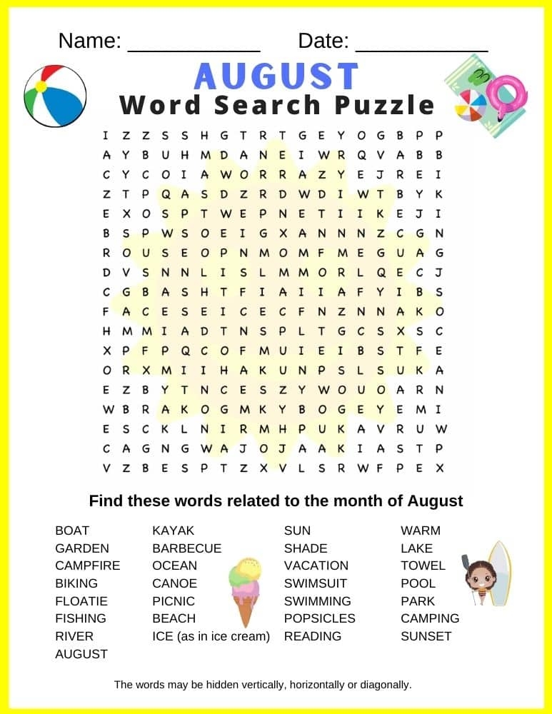 August Word Search Puzzle free Printable PDF Puzzletainment Publishing