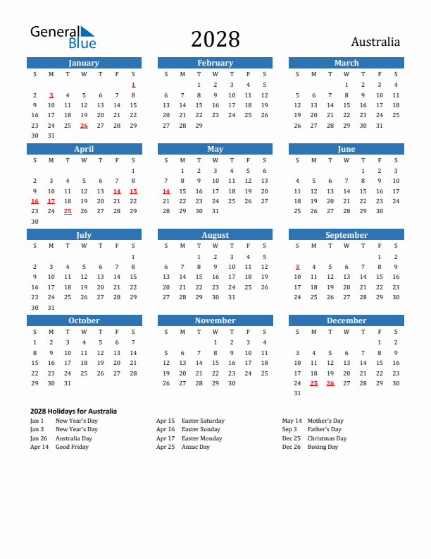 Australia 2028 Calendar With Holidays Australia 2028 Calendar With Holidays