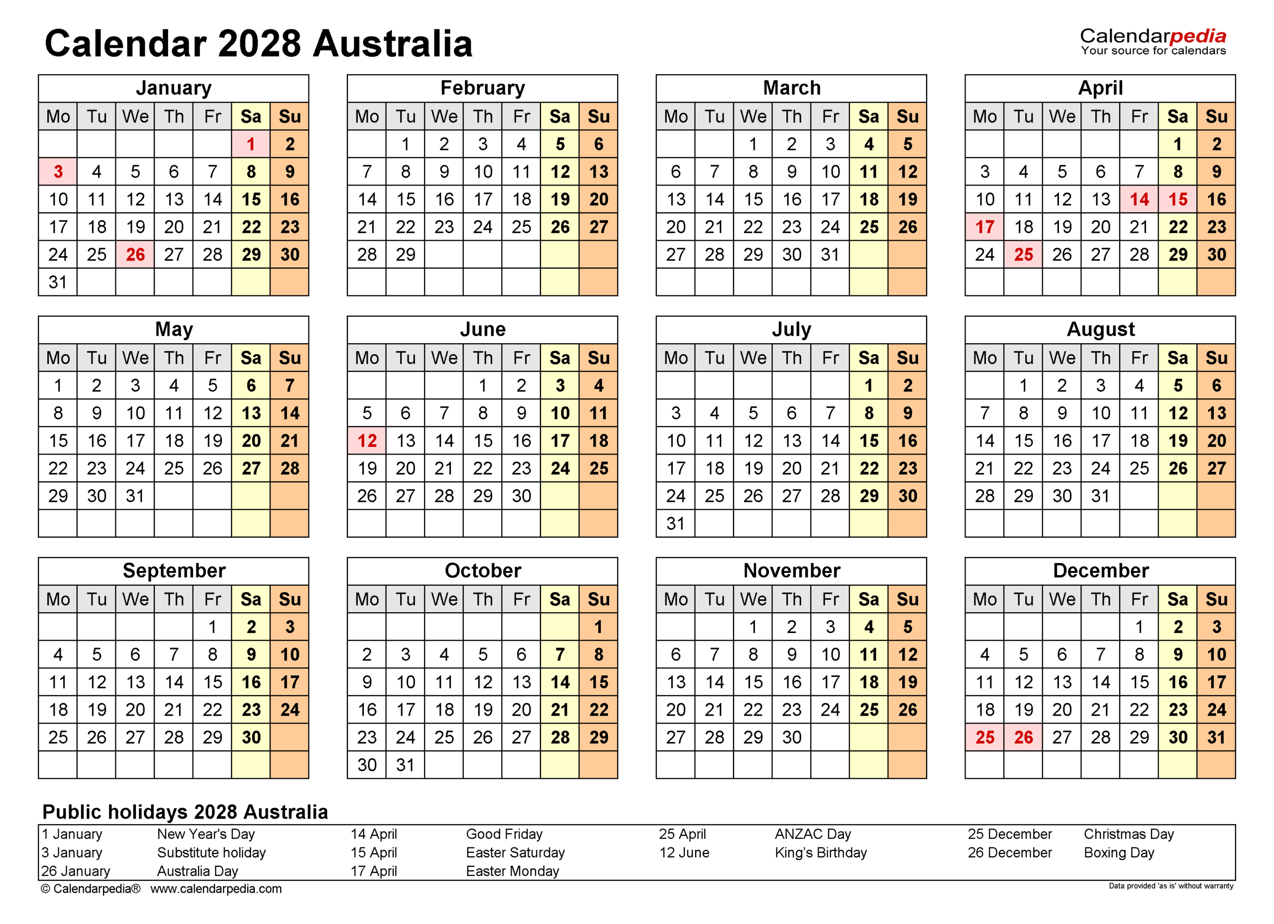 Australia Calendar 2028 Free Printable PDF Templates