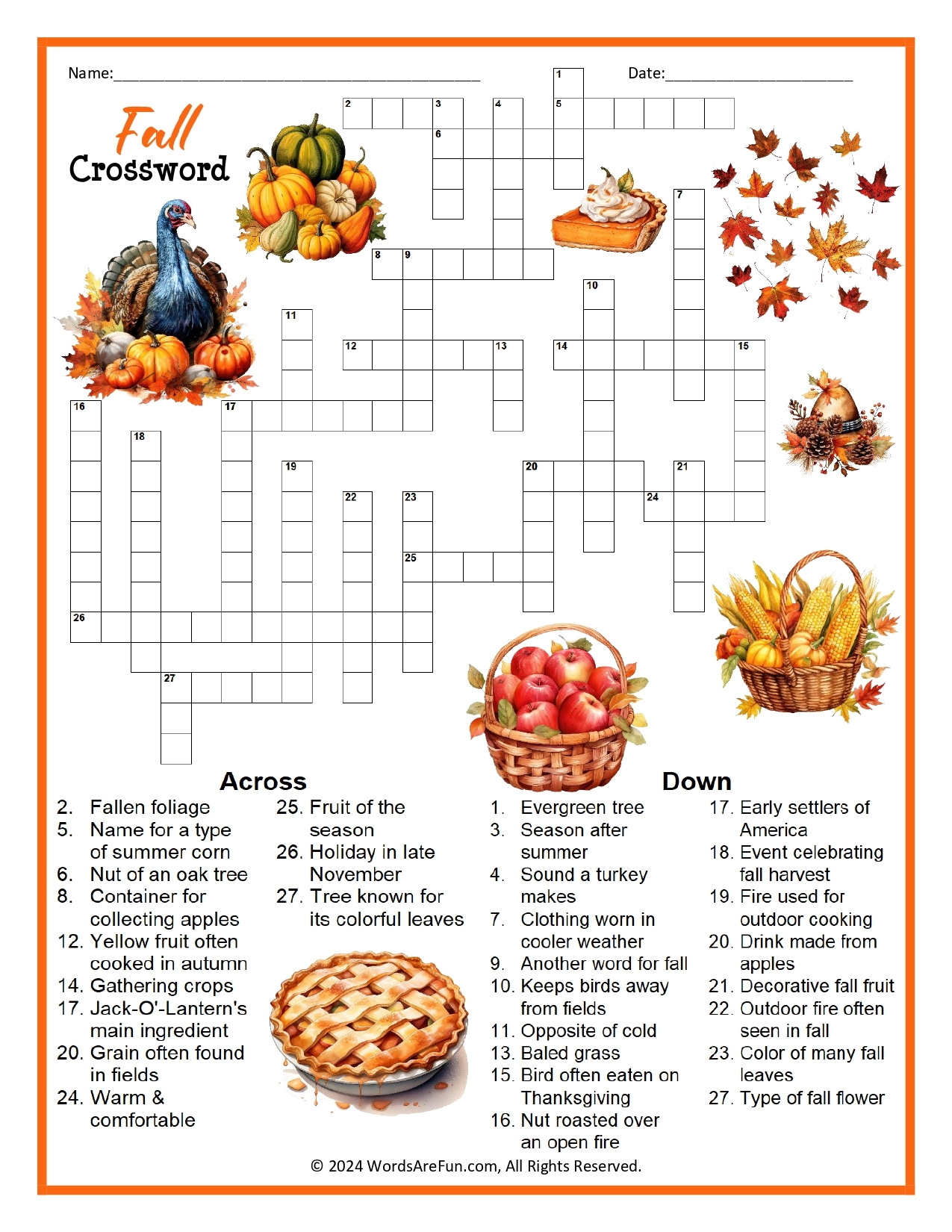 Autumn Crossword Puzzle Printable FREE Printable HQ