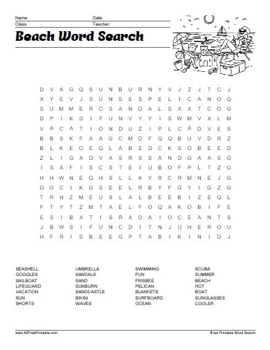 Beach Word Search Free Printable