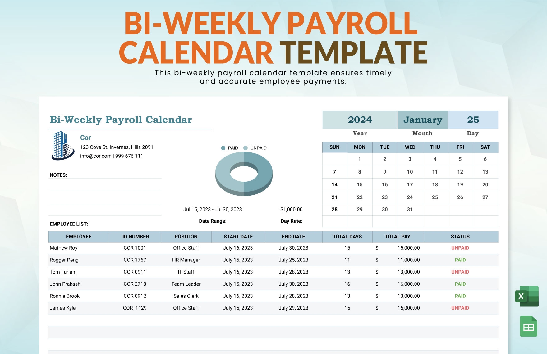 Bi Weekly Payroll Calendar Template In Excel Google Sheets Download