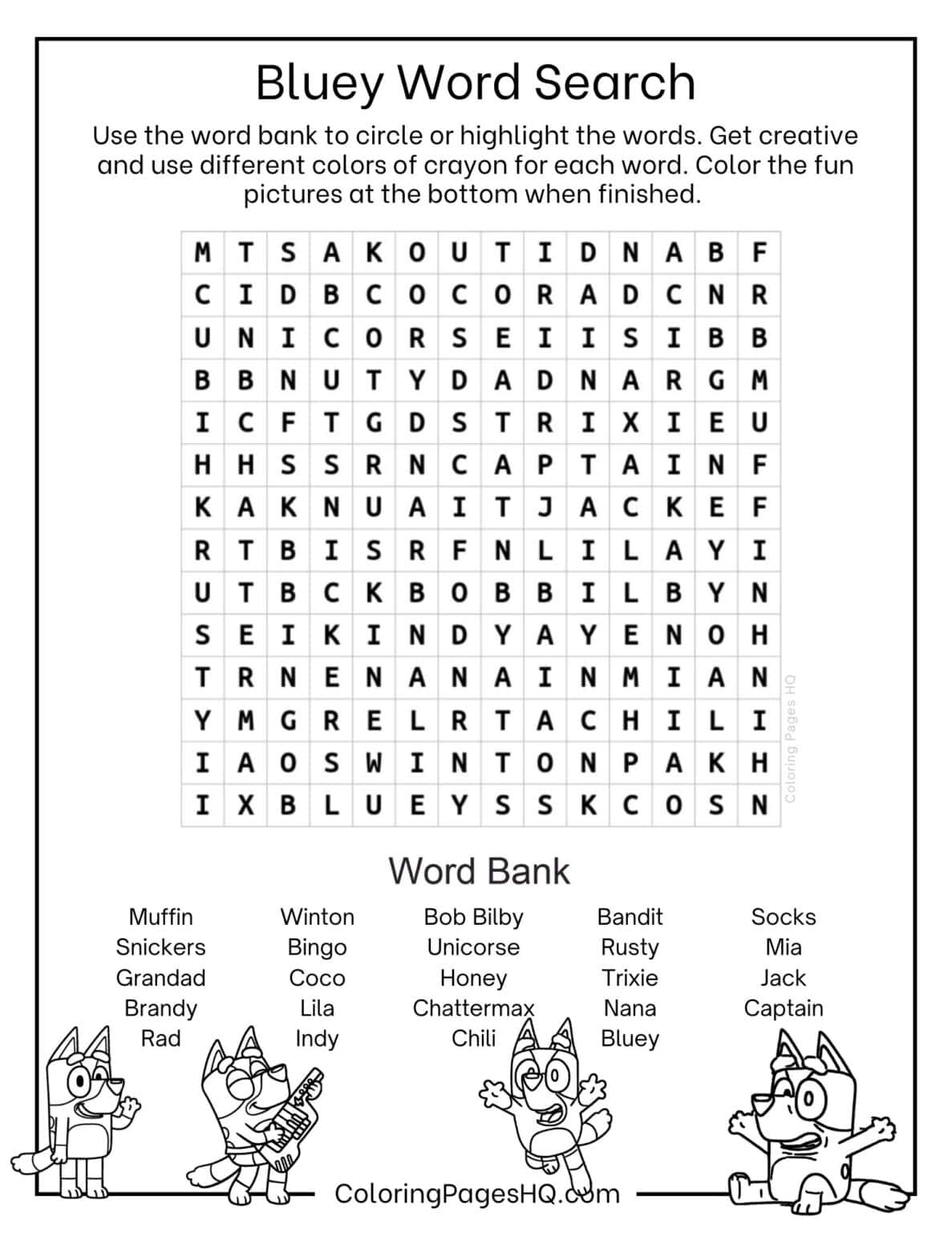 Bluey Word Search Free PDF Printable Coloring Pages HQ