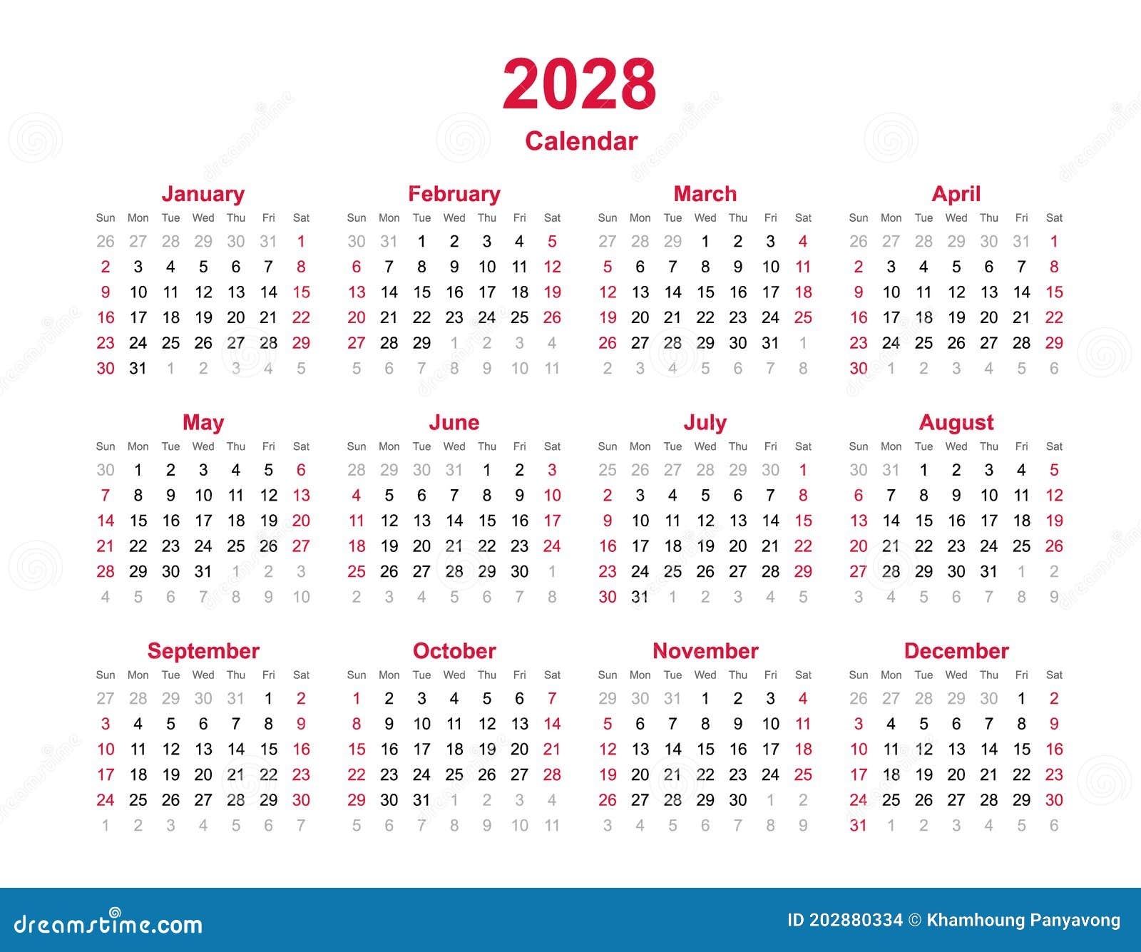 Calendar 2028 12 Months Yearly Vector Calendar In Year 2028 