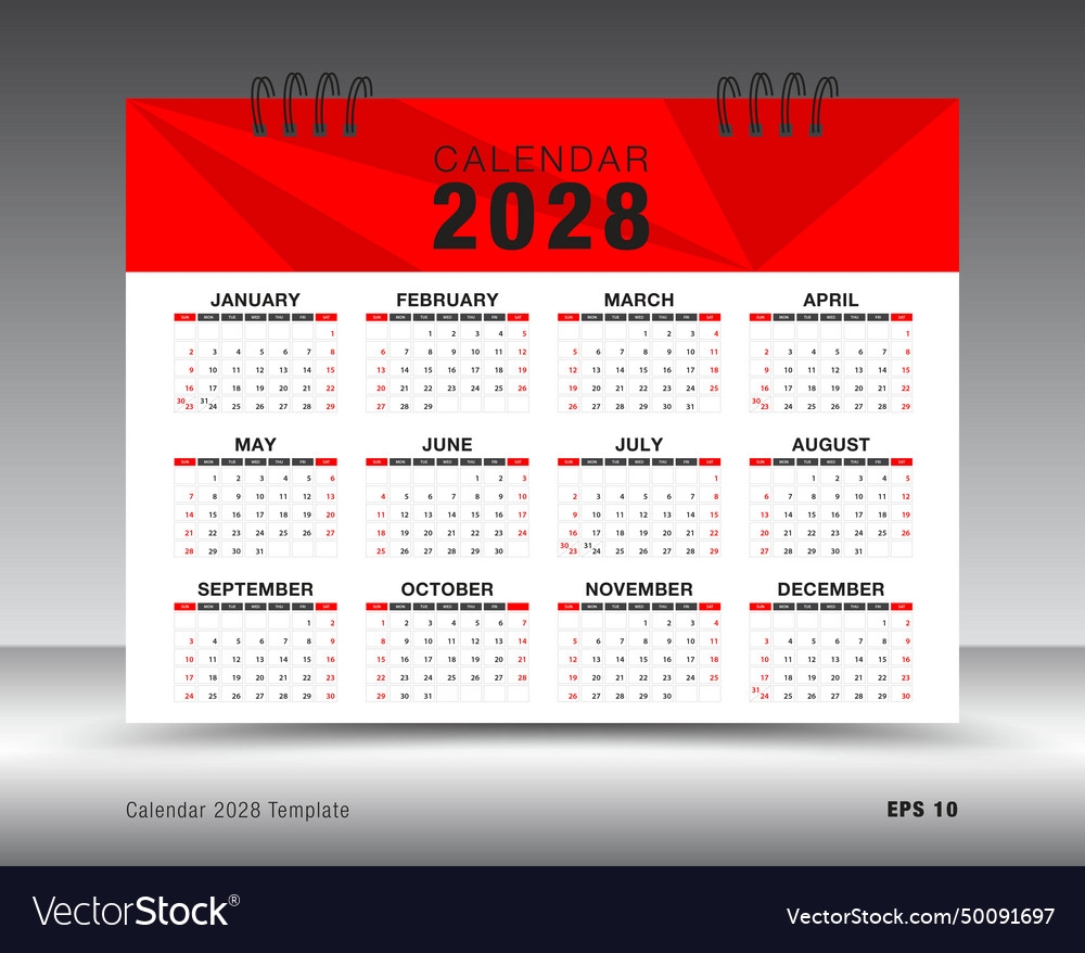 Calendar 2028 Template 12 Months Yearly Royalty Free Vector