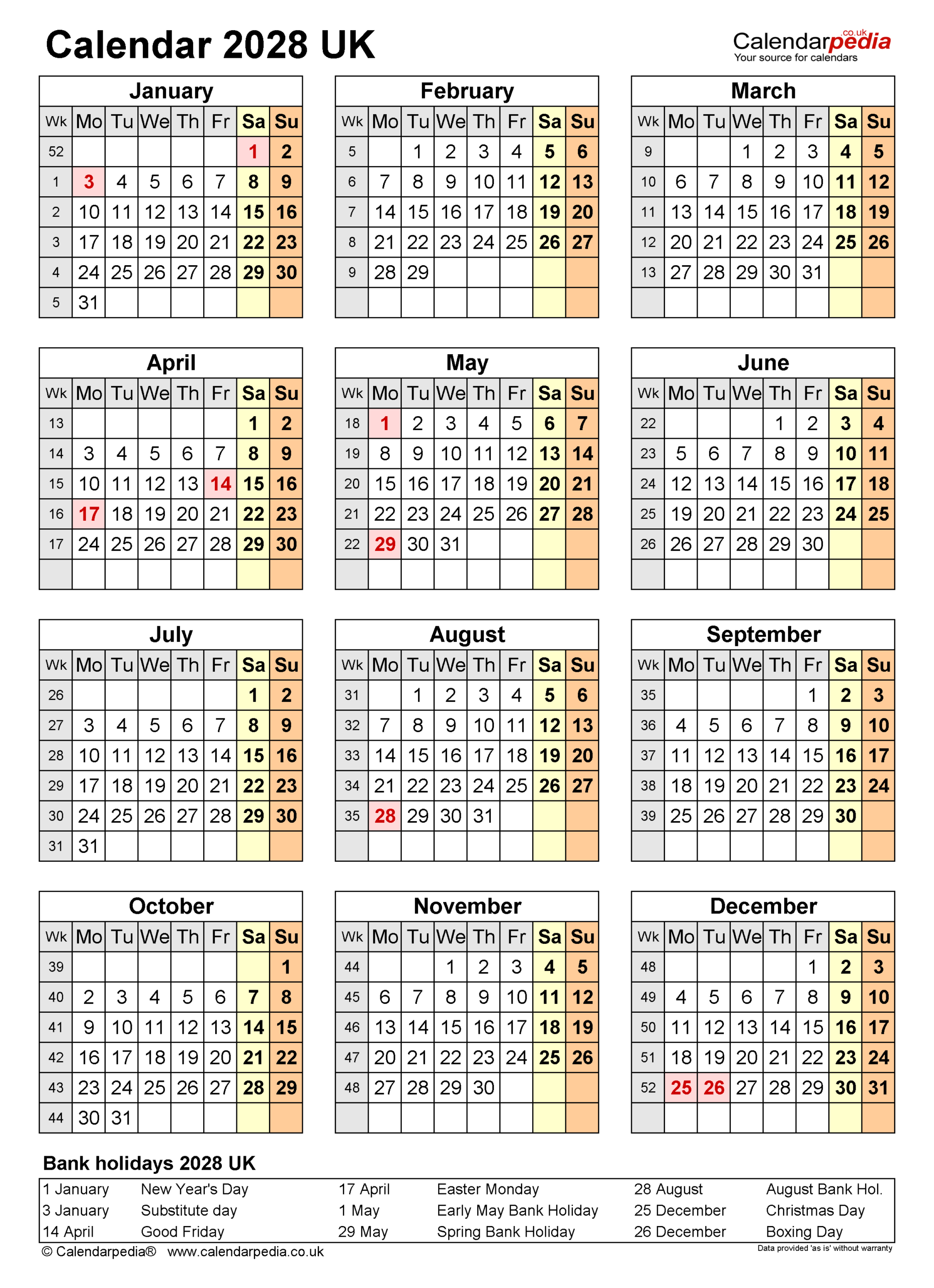 Calendar 2028 UK Free Printable Microsoft Word Templates