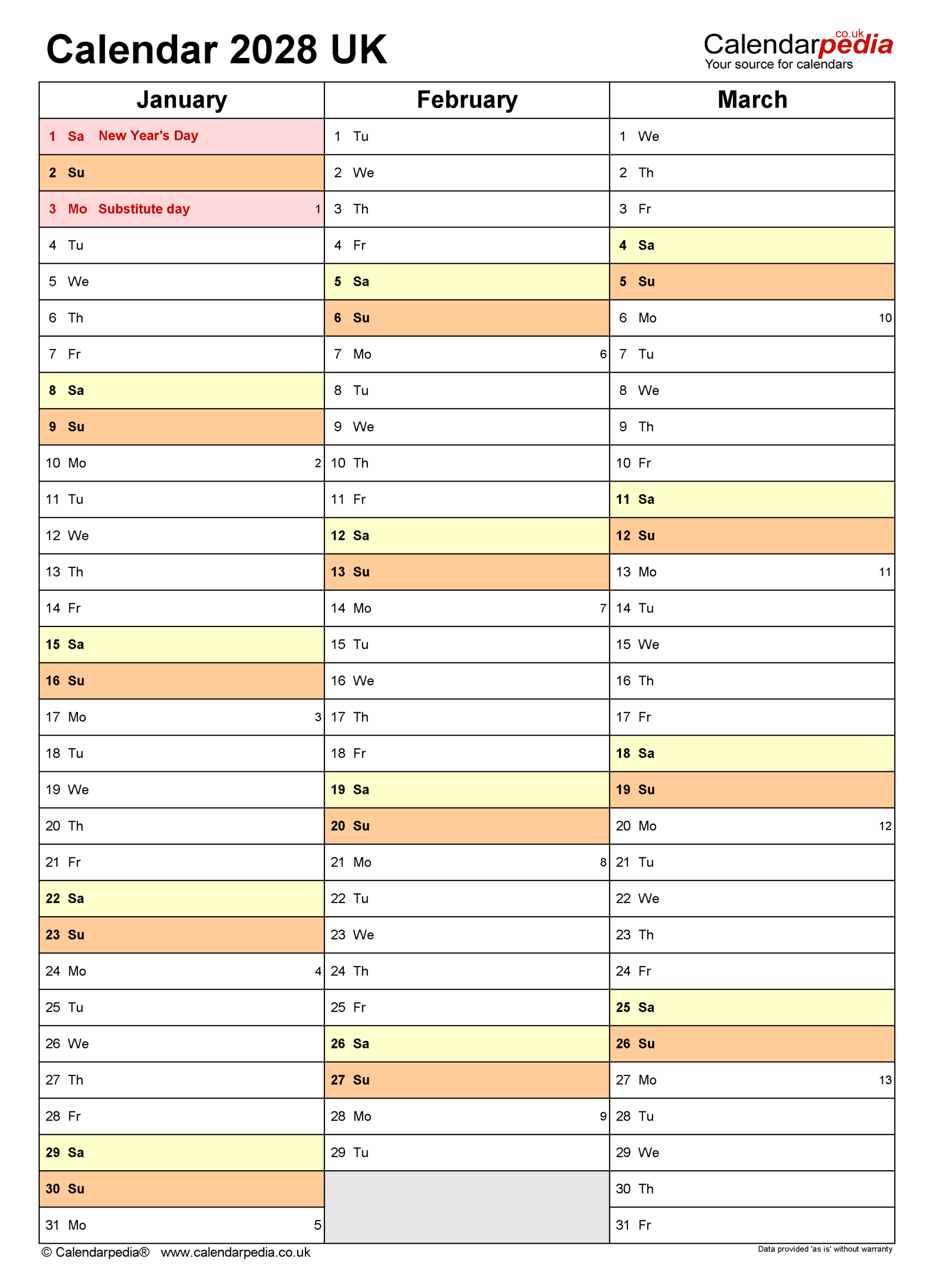 Calendar 2028 UK Free Printable PDF Templates