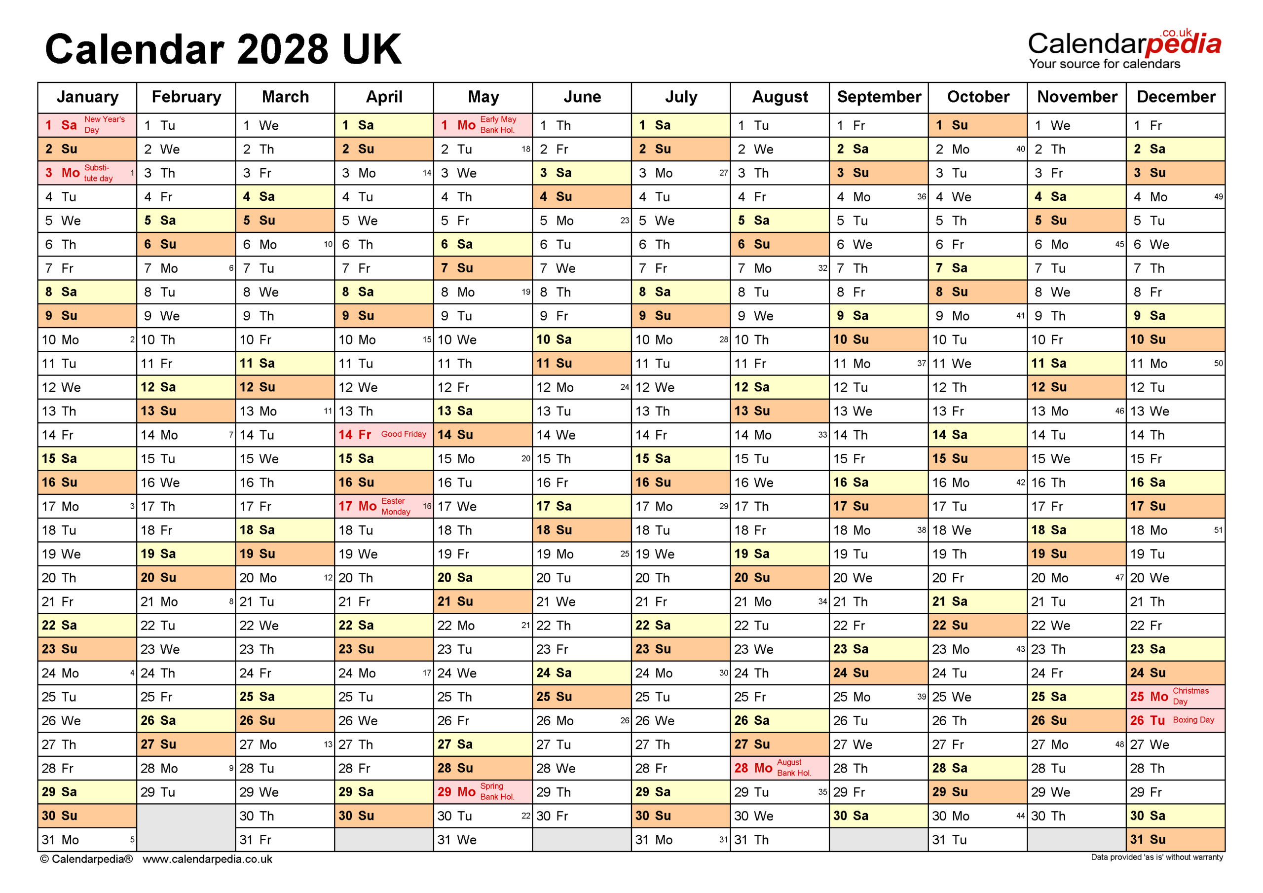 Calendar 2028 UK Free Printable PDF Templates