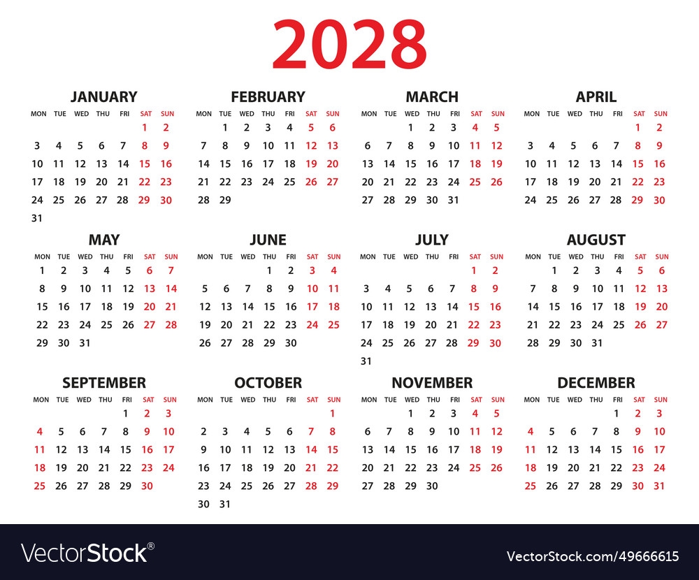 Calendar 2028 Year Set Of 12 Royalty Free Vector Image Calendar 2028 Year Set Of 12 Royalty Free Vector Image