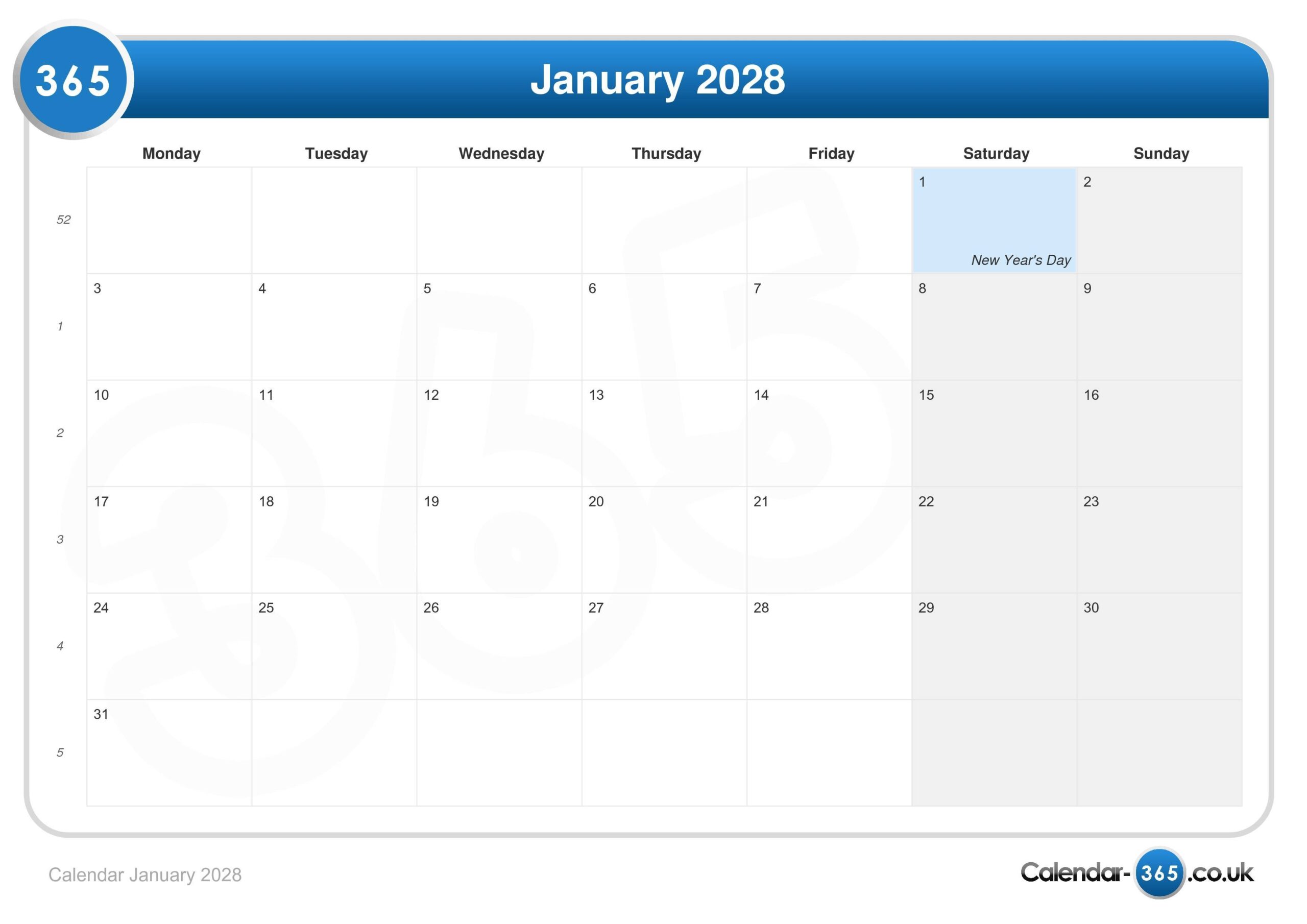 Calendar January 2028 Calendar January 2028