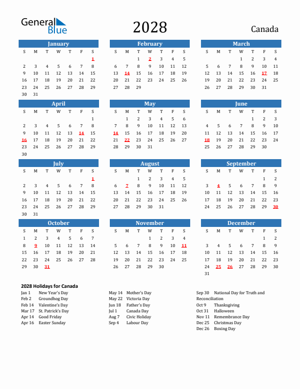 Canada 2028 Calendar With Holidays