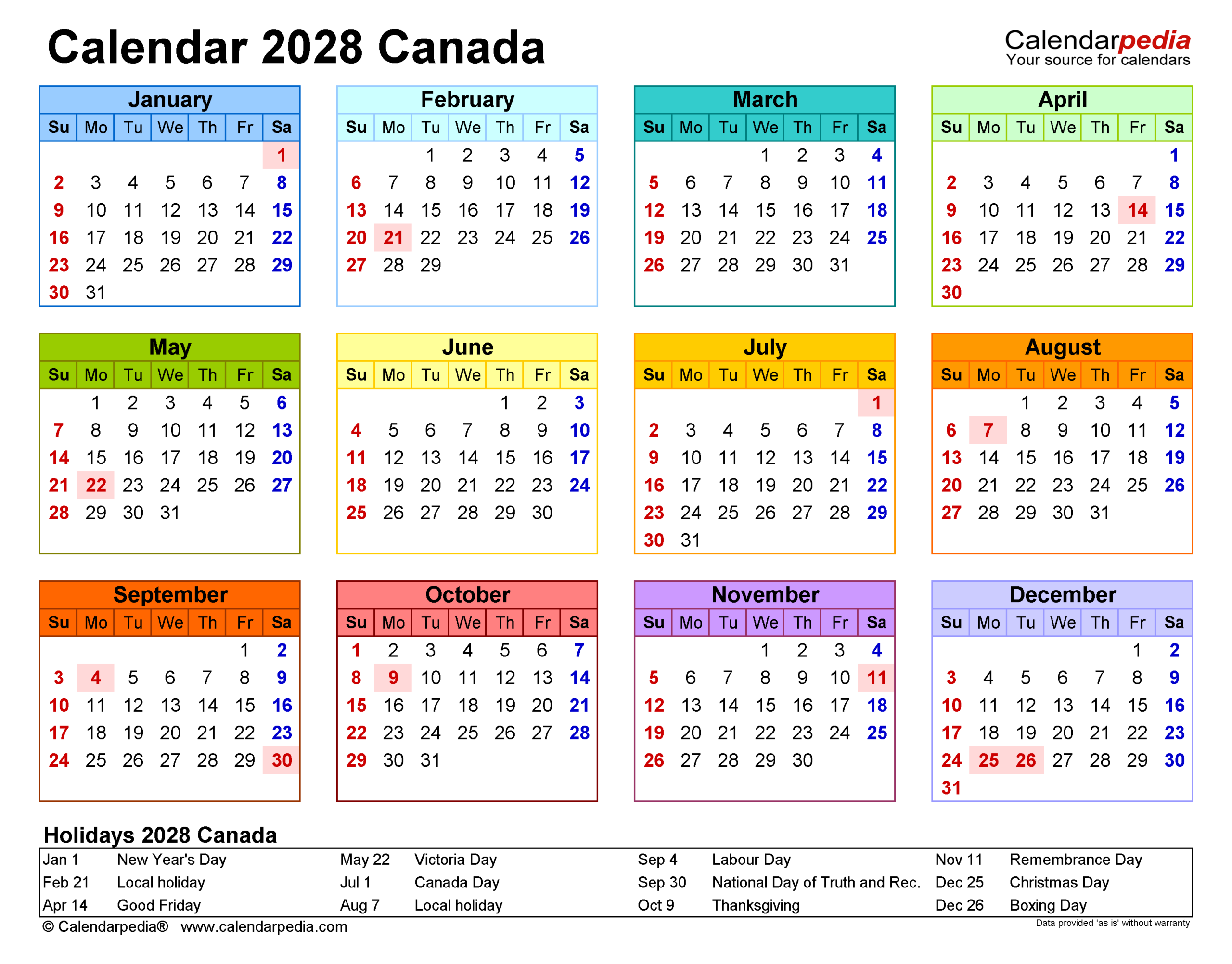 Canada Calendar 2028 Free Printable Word Templates