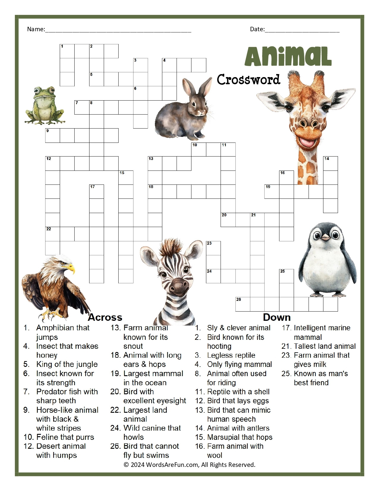 Crossword Puzzle Animals Printable FREE Printable HQ