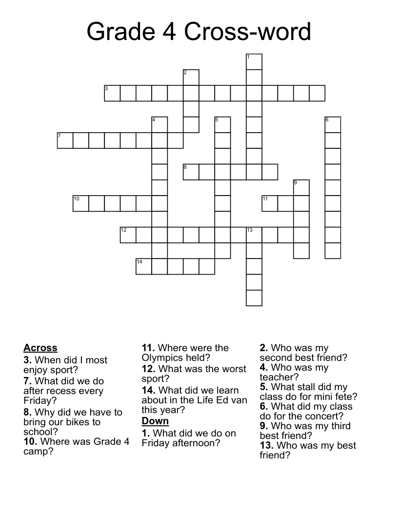 Crossword Puzzles For 4th Graders Printable FREE Printable HQ
