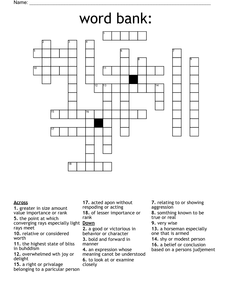 Crossword With Word Bank Printable Fun And Educational Activity For