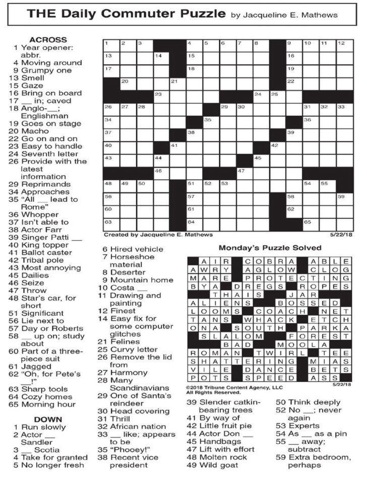 Daily Commuter Crossword Puzzle By Jacqueline Mathews Printable Daily Commuter Crossword Puzzle By Jacqueline Mathews Printable