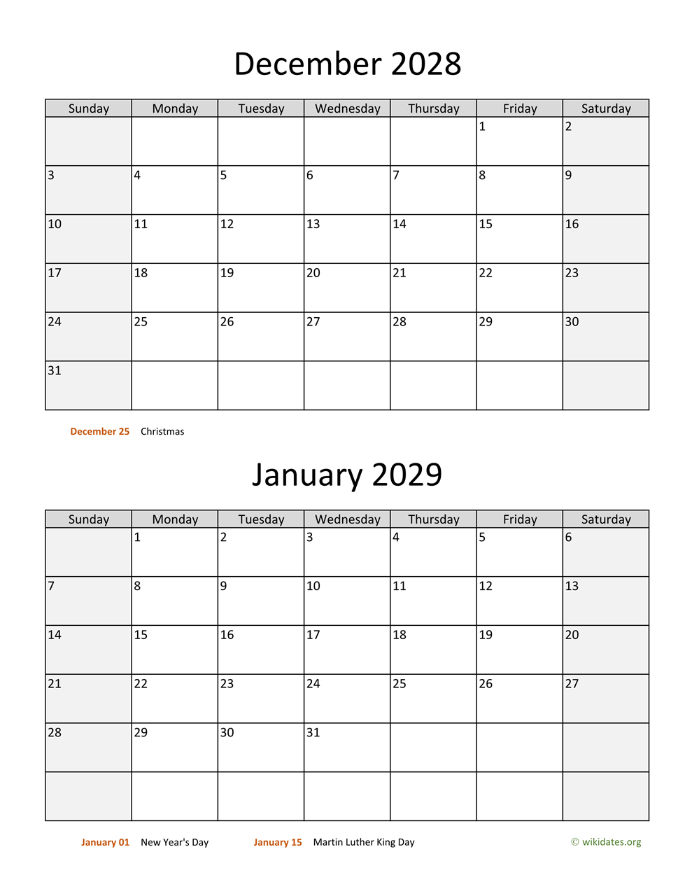 December 2028 And January 2029 Calendar WikiDates December 2028 And January 2029 Calendar WikiDates