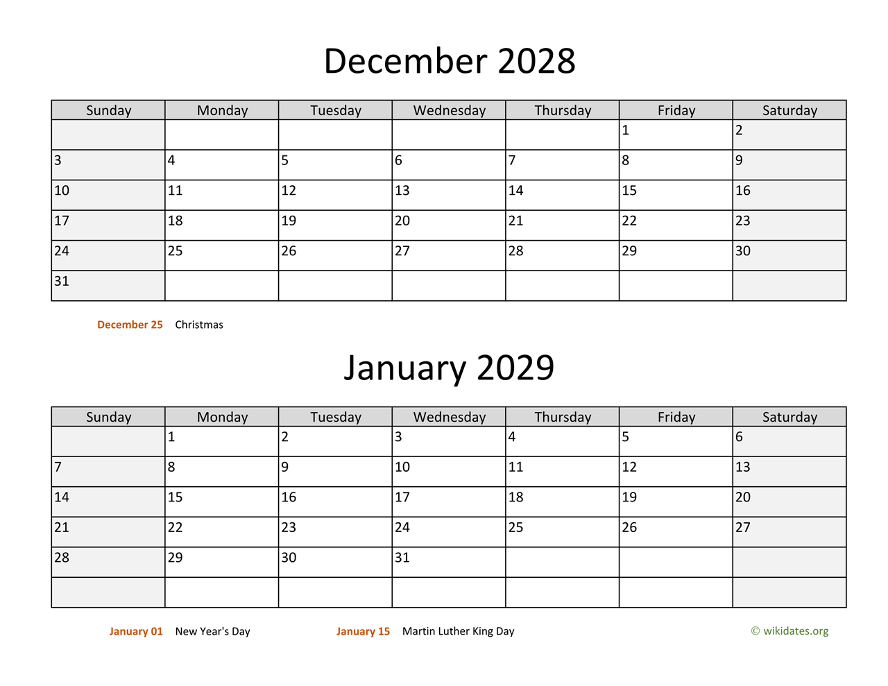 December 2028 And January 2029 Calendar WikiDates