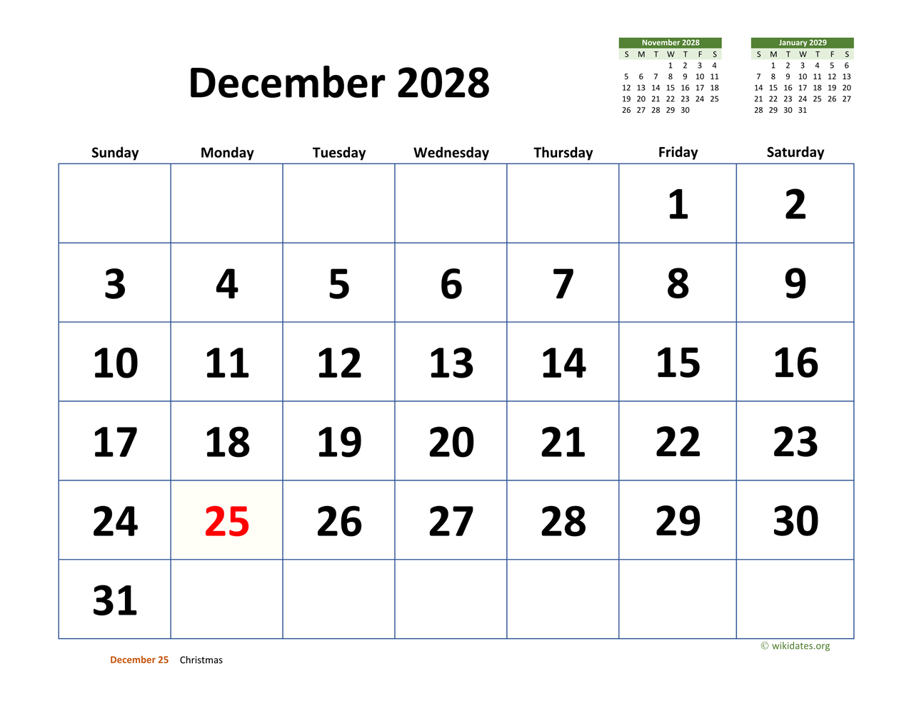 December 2028 Calendar With Extra large Dates WikiDates December 2028 Calendar With Extra large Dates WikiDates