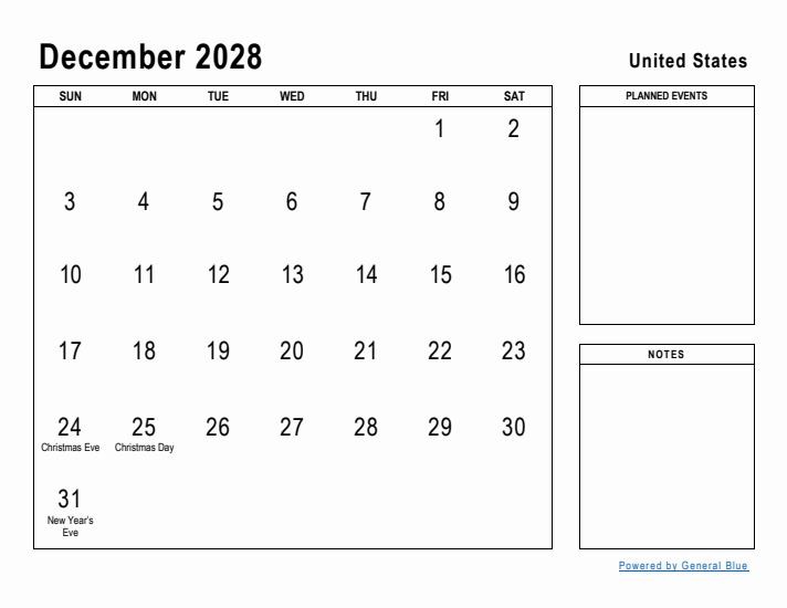 December 2028 Monthly Calendars With United States Holidays