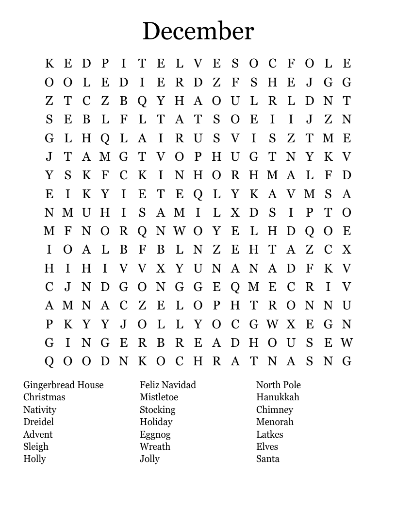December Word Search Free Printable December Word Search Free Printable