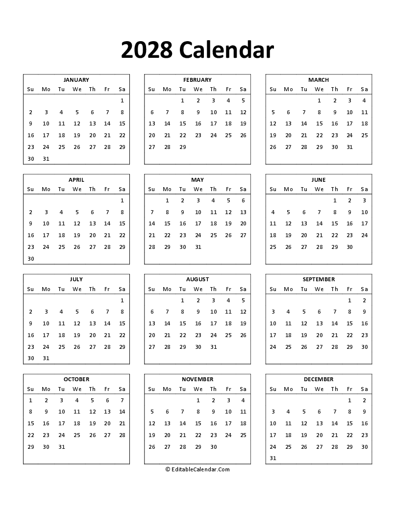 Download Free Printable 2028 Calendar PDF Version 