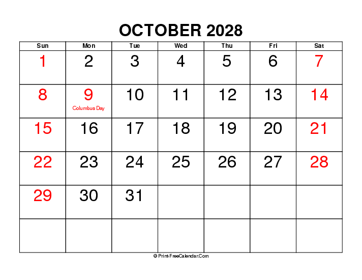Download Large Font October 2028 Calendar With Usa Holidays Sunday 