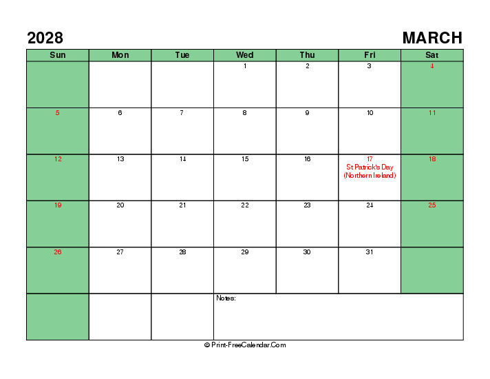 Download Printable 2028 March Calendar With Uk Bank Holidays Sunday 