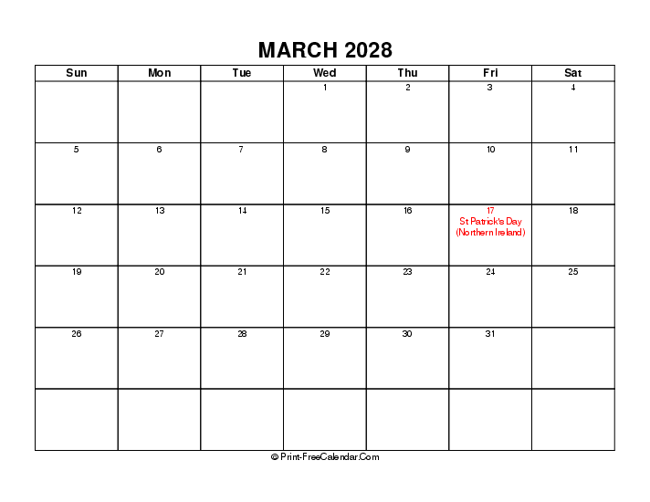 Download Simple March Calendar 2028 With Uk Bank Holidays Sunday Start 