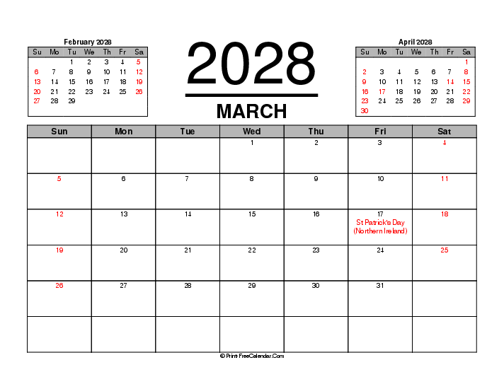 Download Three Month Calendar March 2028 With Uk Bank Holidays Sunday