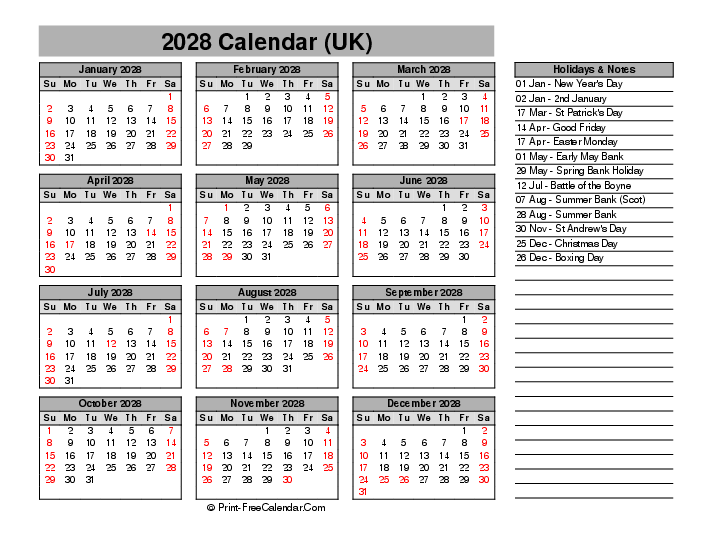 Download Year 2028 Calendar Printable With Uk Bank Holidays Sunday 
