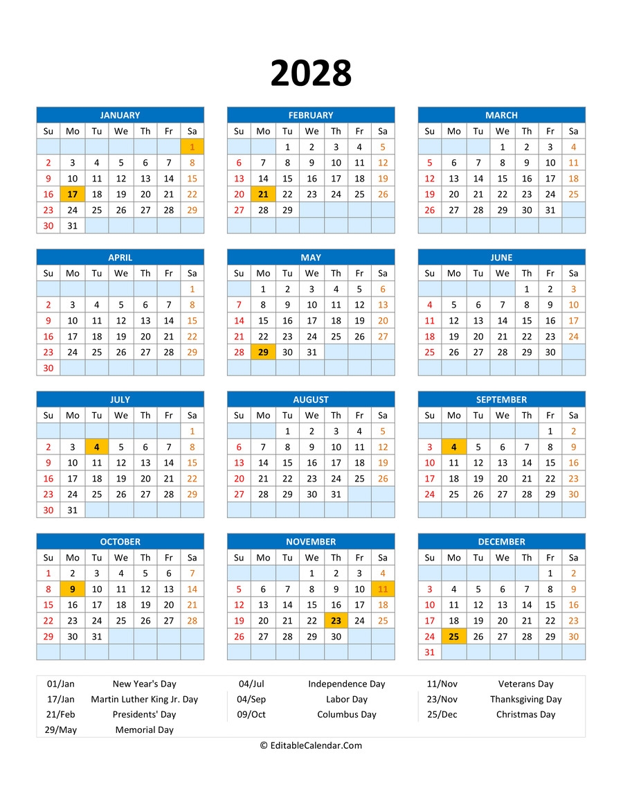 Editable 2028 Calendar With With Holidays