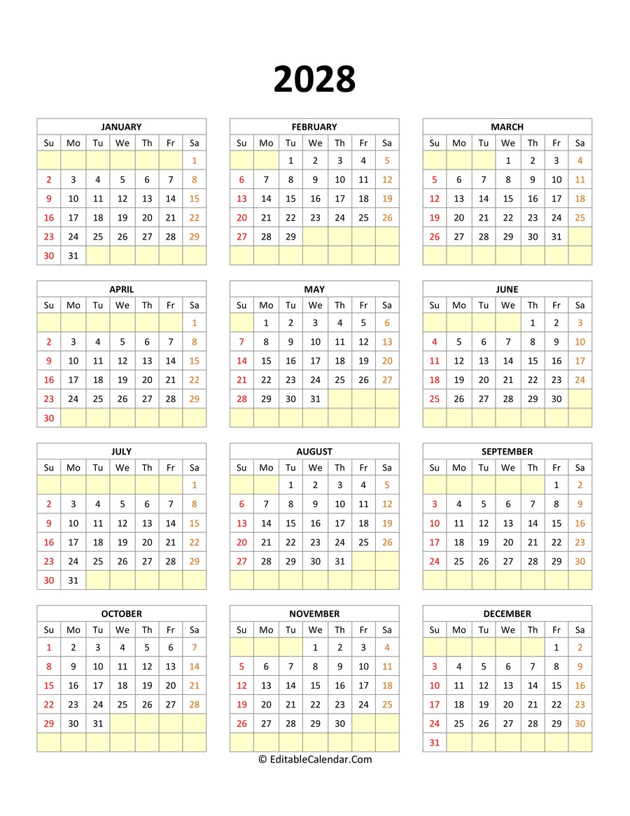 Editable Calendar Template 2028