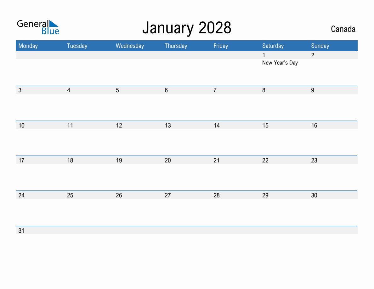 Editable January 2028 Calendar With Canada Holidays Editable January 2028 Calendar With Canada Holidays