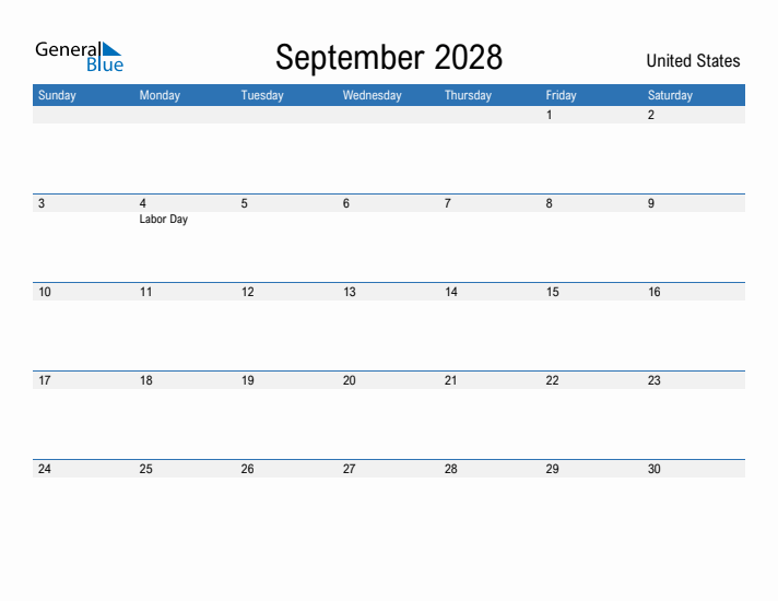 Editable September 2028 Calendar With United States Holidays