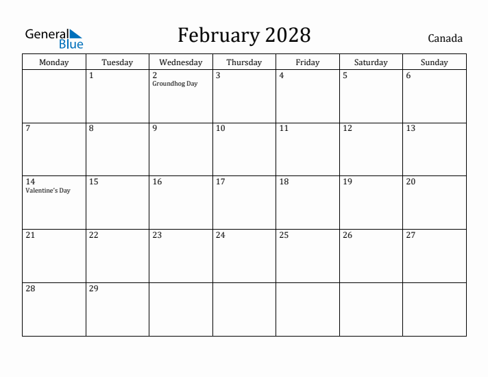 February 2028 Canada Monthly Calendar With Holidays February 2028 Canada Monthly Calendar With Holidays