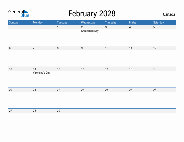 February 2028 Monthly Calendar With Canada Holidays February 2028 Monthly Calendar With Canada Holidays