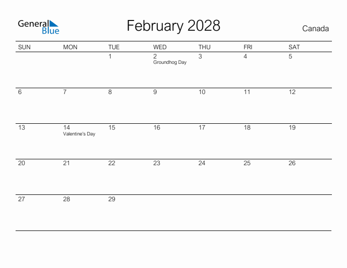 February 2028 Monthly Calendar With Canada Holidays