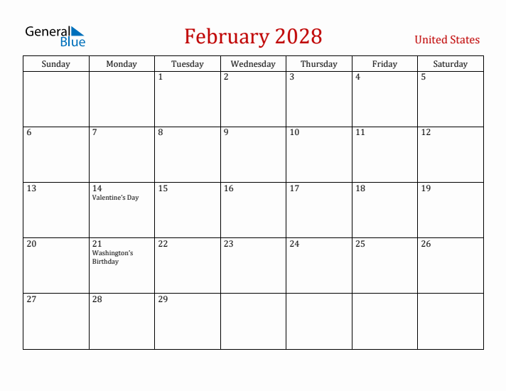 February 2028 Monthly Calendar With United States Holidays February 2028 Monthly Calendar With United States Holidays