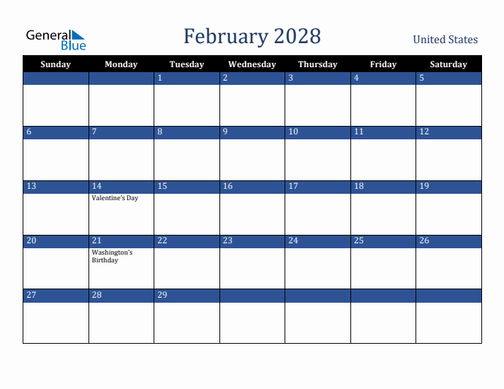 February 2028 Monthly Calendar With United States Holidays
