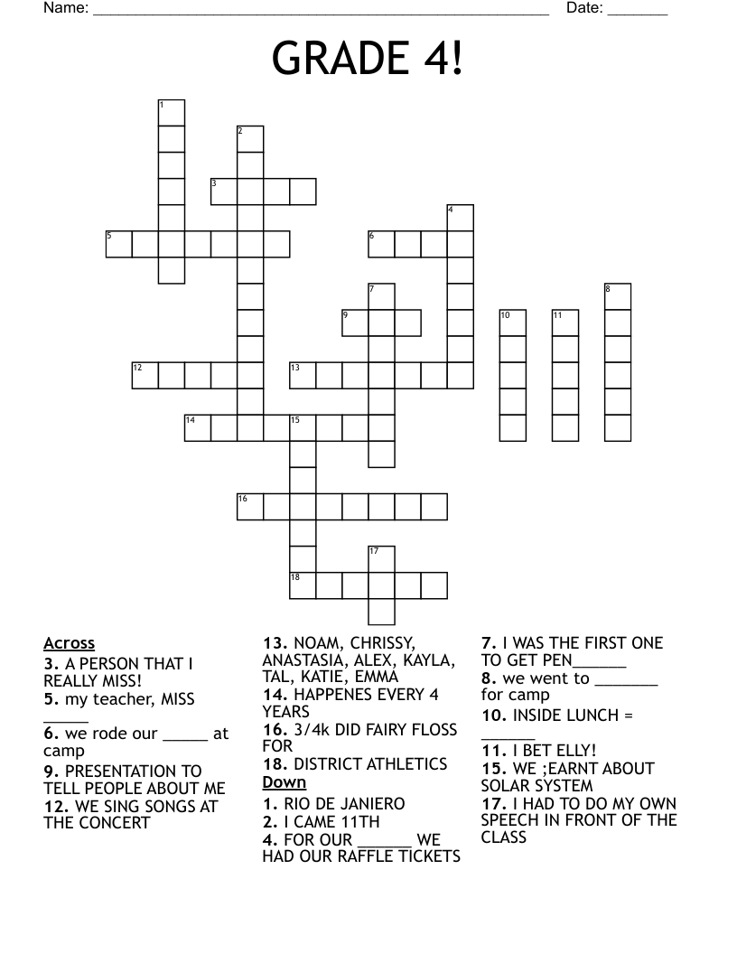 Fourth Grade Crossword Puzzles Free Printable