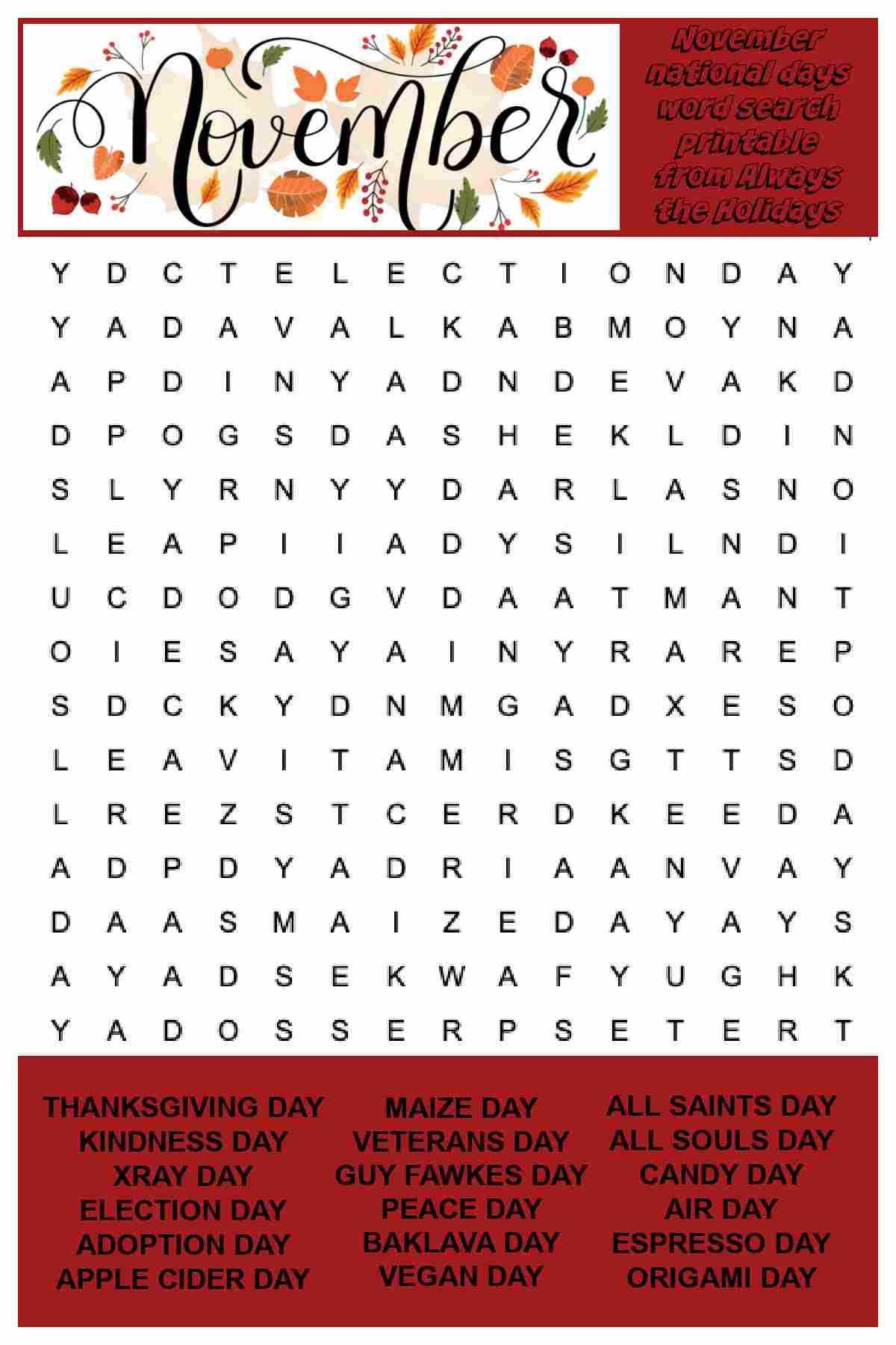 Free November Word Search Printable National Days Word Find
